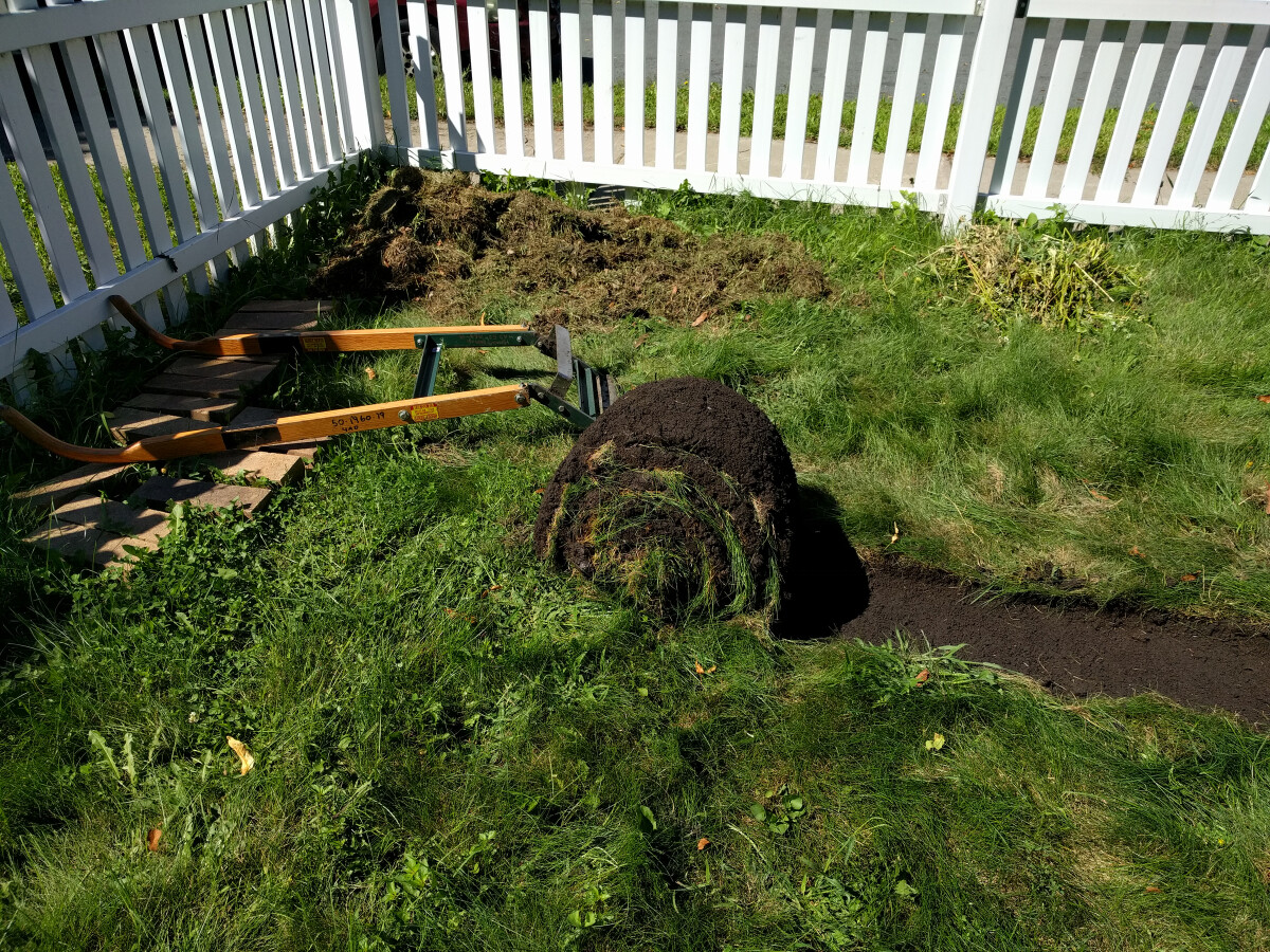 A roll of sod and the sod kicker used to cut it