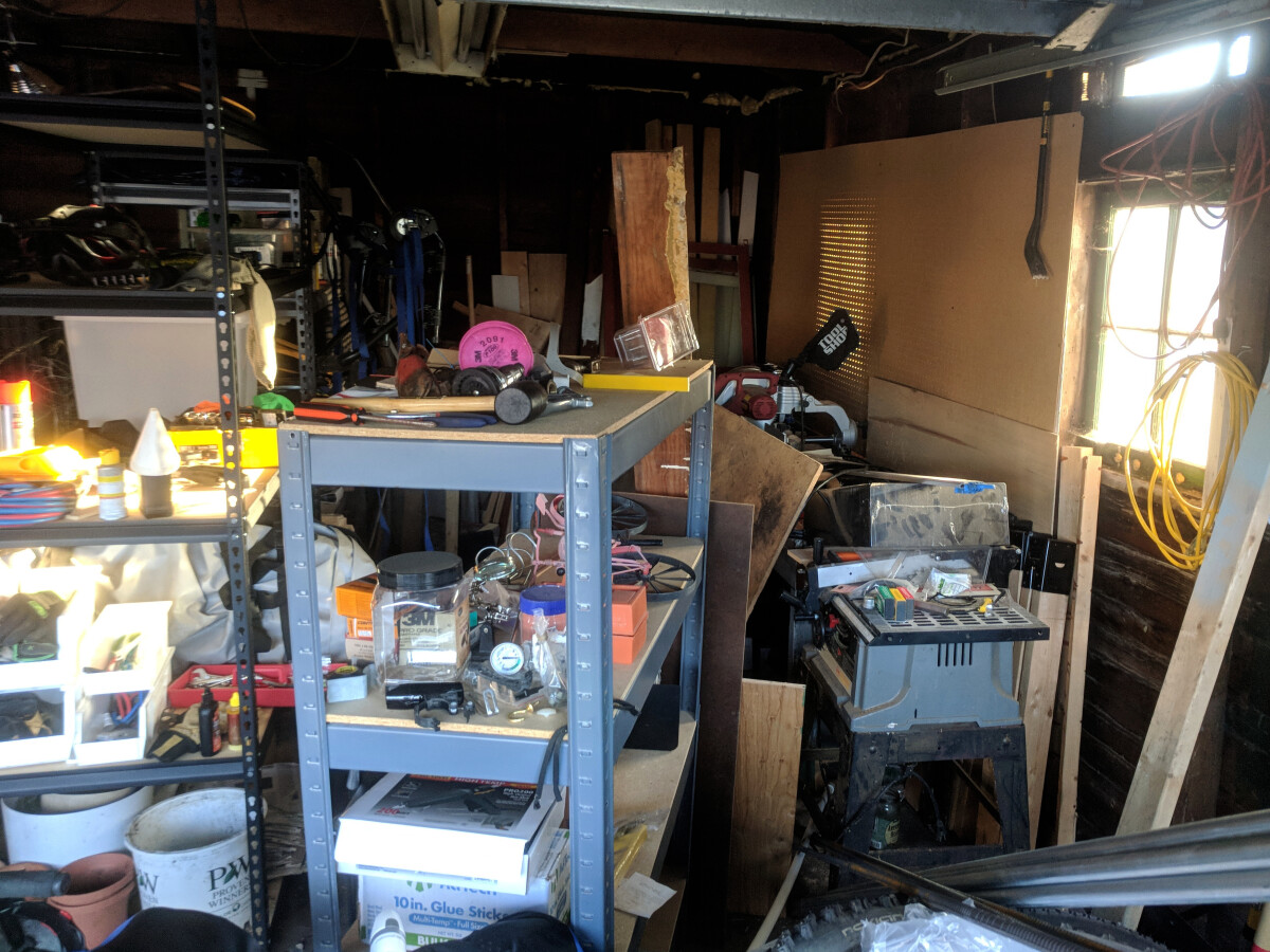 A very messy section of the garage